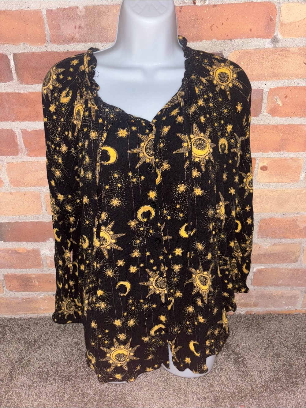 torrid Black and Gold Celestial Whimsigoth Sun and Moon Button-Up Blouse